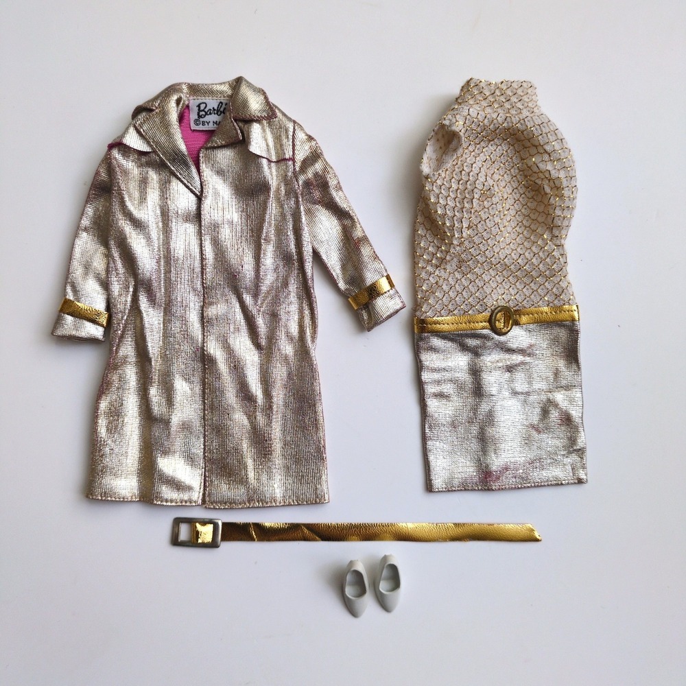 Vtg 60 Barbie Intrigue #1470 Outfit Gold Lame Coat Dress Shoes Belt